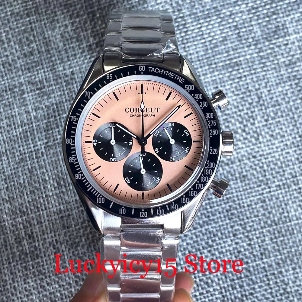 

CORGEUT Pink Dial Black Bezel VK63 QUARTZ Chronograph 24 Hours Push Button Men's Watch Mineral Glass Steel Bracelet