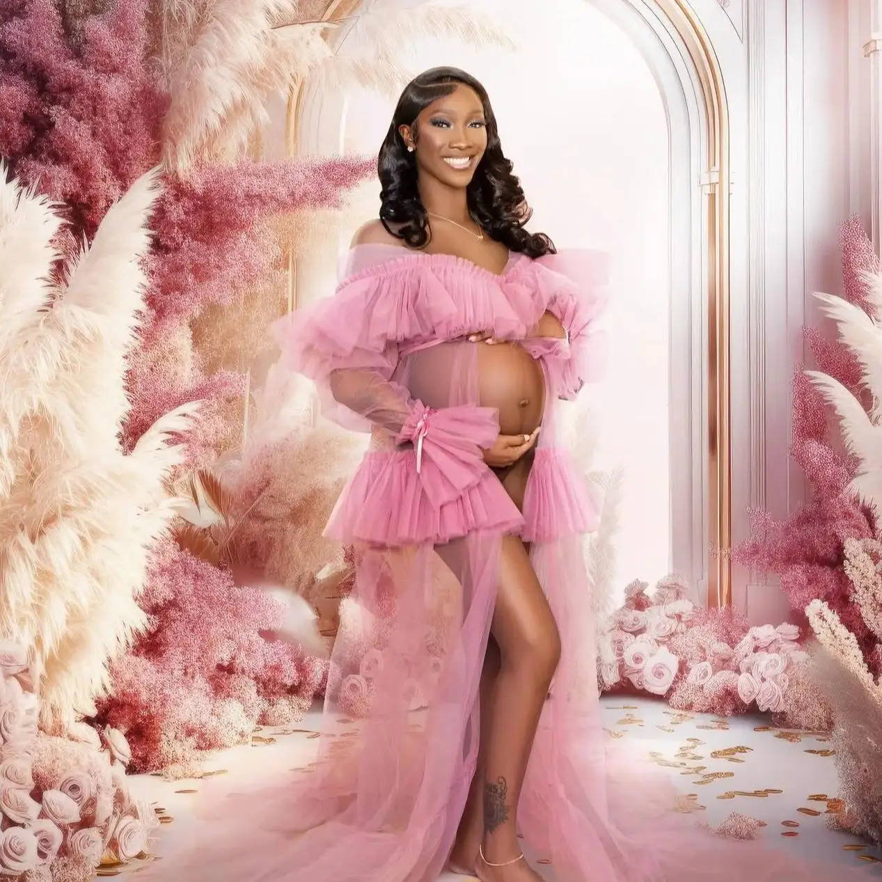 

Пикантные розовые платья для беременных для фотосессии, прозрачное платье для торжества с разрезом спереди, комбинация с V-образным вырезом, плиссированные халаты с рюшами, платье для беременных