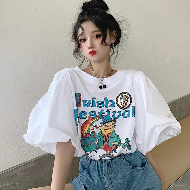 

Stylish O-Neck Loose Printed Folds Puff Sleeve Blouse Female Clothing 2024 Summer New Casual Pullovers All-match Korean Shirt