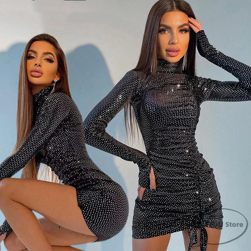Women Long Sleeve Bodycon Fashion Bling Glitter Turtleneck Vestidos Elegant Drawstring Dresses Club Party Wear Sexy Clothes
Women Long Sleeve Bodycon Fashion Bling Glitter Turtleneck Vestidos Elegant Drawstring Dresses Club Party Wear Sexy Clothes