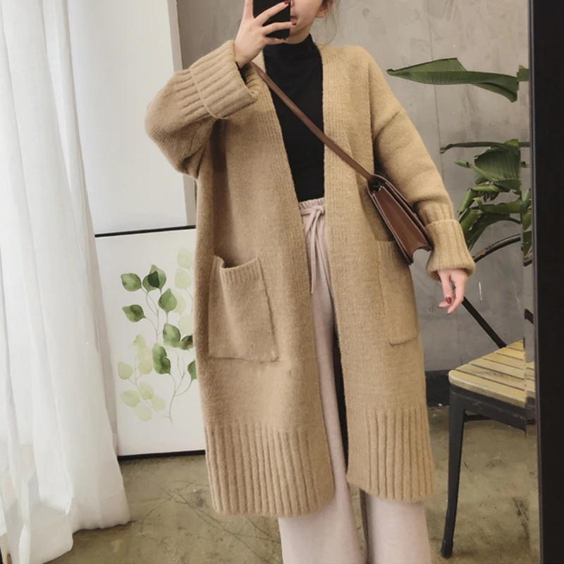 

Women Casual Knitted Sweater Korean Long Sleeve Streetwear Gray Khaki Red Pink Solid Long Cardigans Coats V-neck Autumn Winter