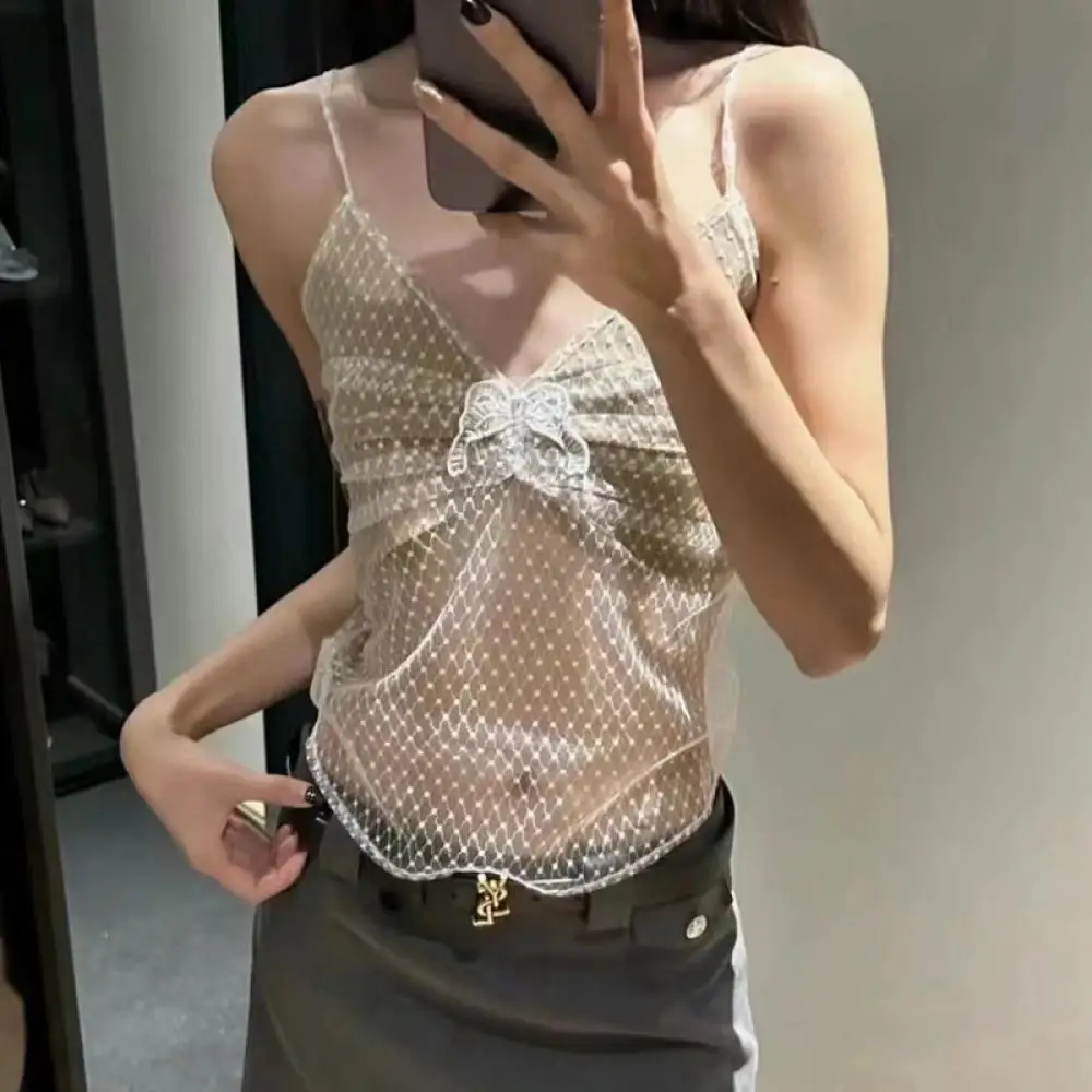 

See Through Mesh Lace Camisole Top Y2K Bow Tie Decoration Slim Sexy Hundred Woman Clothing 2024 Summer New