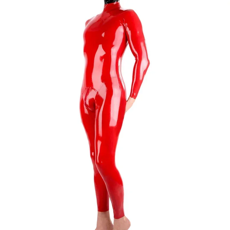 

Handmade Red Latex Catsuit Male Rubber Bodysuit with Back Zippers Men Cosplay Costume