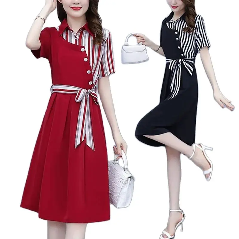 

Платье женское летнее в полоску, Модная тонкая трапециевидная юбка в Корейском стиле с коротким рукавом и неравномерной талией