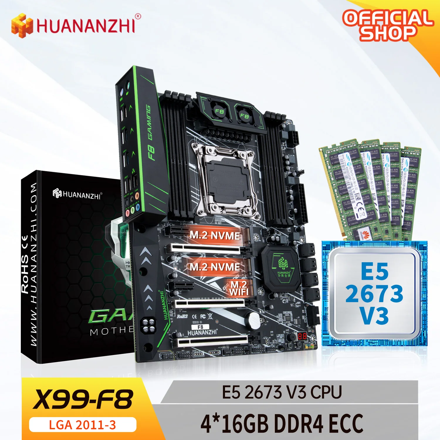 

HUANANZHI X99 F8 LGA 2011-3 XEON X99 Motherboard with Intel E5 2673 v3 with 4*16G DDR4 RECC memory combo kit set NVME SATA