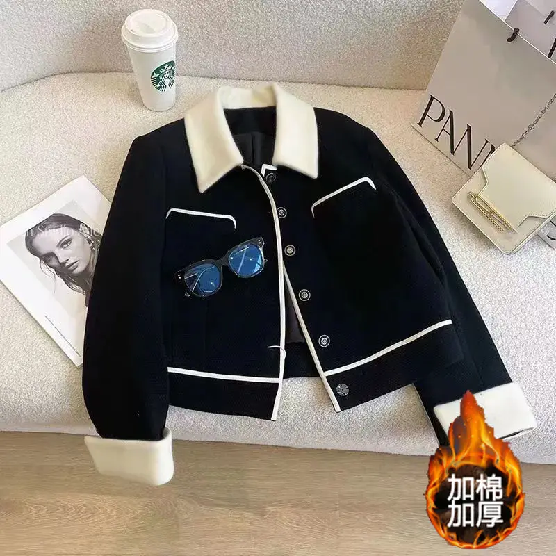 

2024Women's Autumn and Winter New Fashion Elegant POLO Collar Button Pocket Temperament Versatile Long Sleeved Slim Fit Jacket