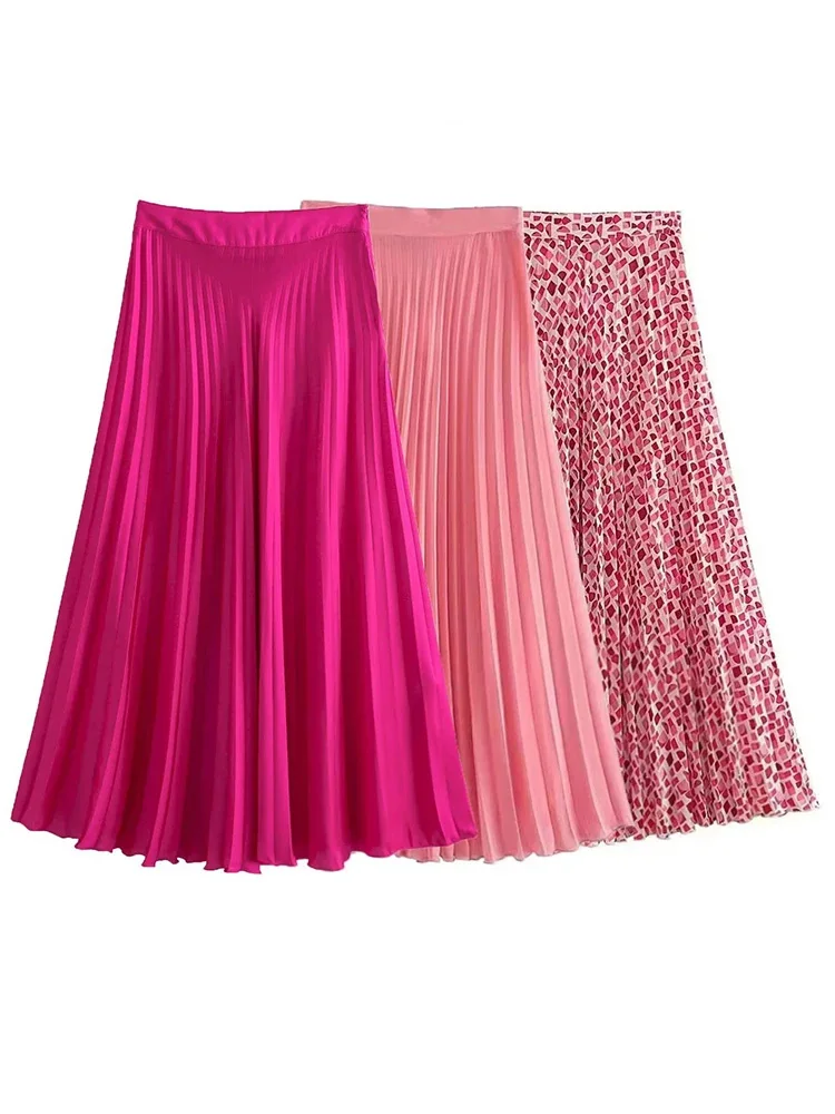 

HH TRAF 2024 Весенняя элегантная женская трапециевидная плиссированная длинная юбка с боковой молнией, повседневные юбки с высокой талией, Женская винтажная облегающая атласная юбка