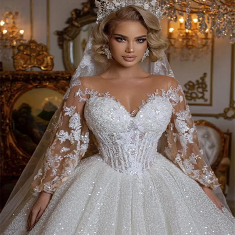 

2022 Retro Shinny Wedding Dresses A Line Sequins Lace Applique Illusion Neck Long Sleeves Bodice Bridal Gowns Vestidos De Novia