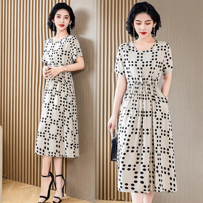 

Elegant Woman Polka Dot Long Dress Summer New Short Sleeve Slim Sundress Vintage Fashion Casual Female Floral Print Midi Dresses