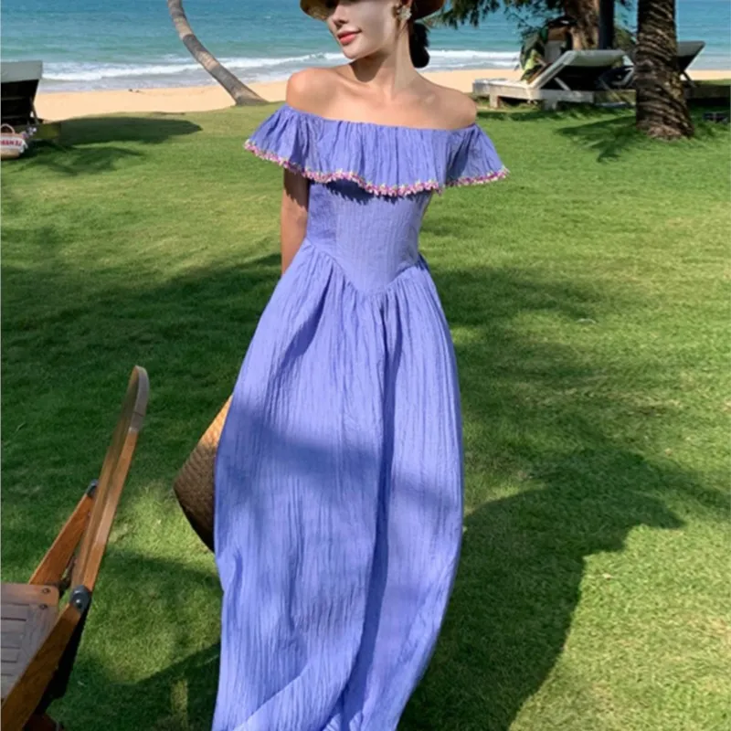 

French Pastoral Style Elegant Long Dress Summer Vacation Travel Seaside Atmosphere off-Shoulder for Women