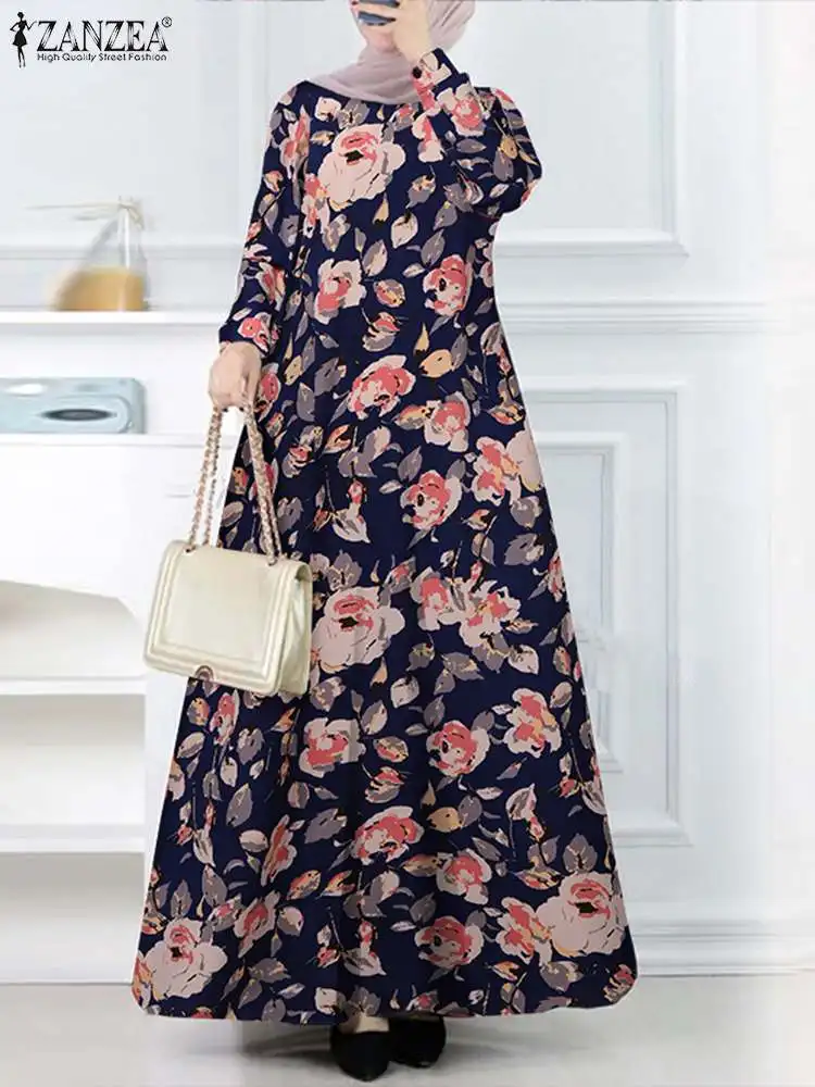 

Платье ZANZEA женское с длинным рукавом, кафтан, абайя, повседневная одежда в исламском стиле, винтажный мусульманский сарафан с цветочным принтом, весна