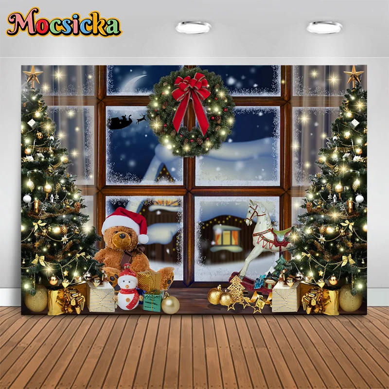 

Mocsicka Xmas Photography Background Christmas Tree Window Scene Trojan Horse Toy Backdrop Party Adult Kids Portrait Studio