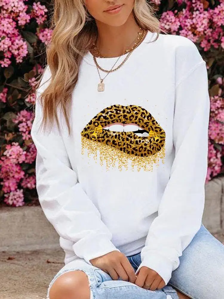 

Leopard Lip Cute 90s Style Casual Fashion Women Clothing Graphic Sweatshirts Autumn Spring O-neck Fashion Print Pullovers