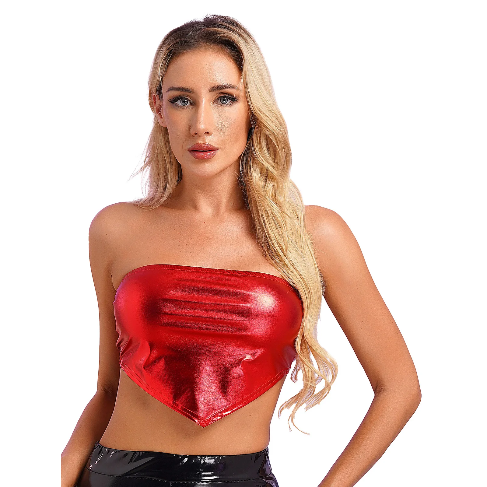 

Womens Metallic Shiny Strapless Crop Tube Tops Pointed Hem Asymmetrical Bandeau Sleeveless Vest for Nightclub Carnivals