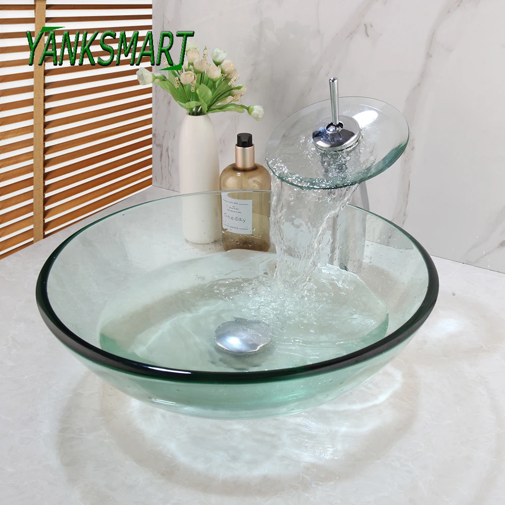 

YANKSMART Round Transparent Washroom Basin Vessel Vanity Sink Bathroom Mixer Tempered Glass Washbasin Faucet With Pop Up Drain