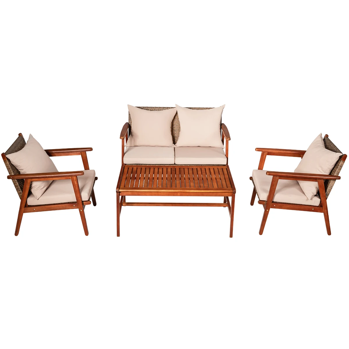 4PCS Patio Rattan Furniture Set Acacia Wood Frame Cushioned Sofa Chair Garden 4PCS Patio Rattan Furniture Set Acacia Wood Frame Cushioned Sofa Chair Garden