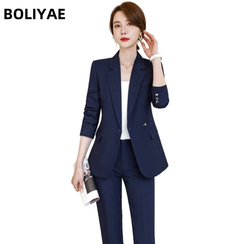 

Женские деловые брючные костюмы Boliyae на одной пуговице, блейзеры с брюками, куртки, пальто, брюки, одежда для профессиональной работы, комплекты с юбкой