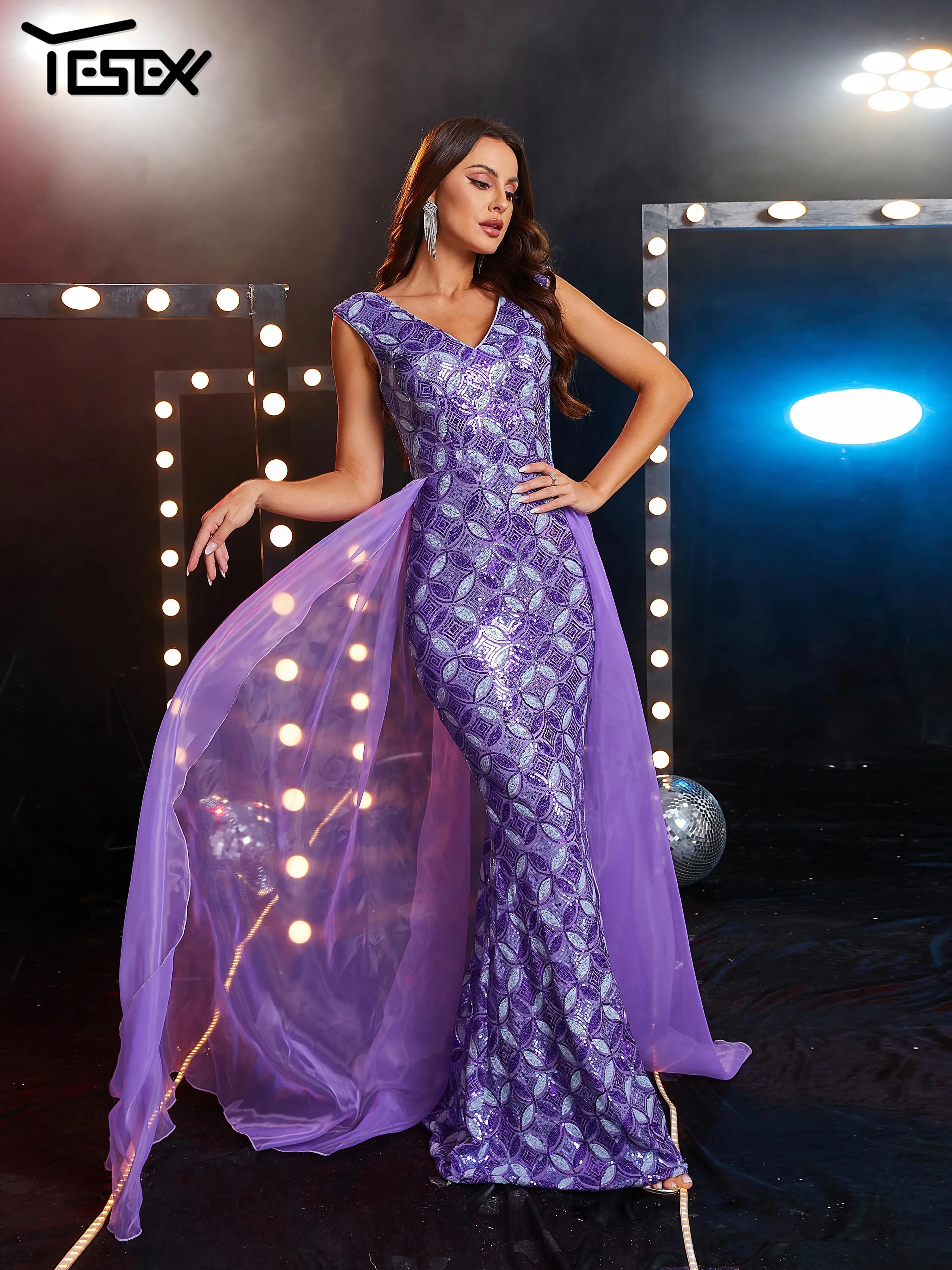 

Yesexy New V Neck Purple Cocktail Sequin Mermaid Evening Mesh Prom Elegant Beautiful Women's Dress