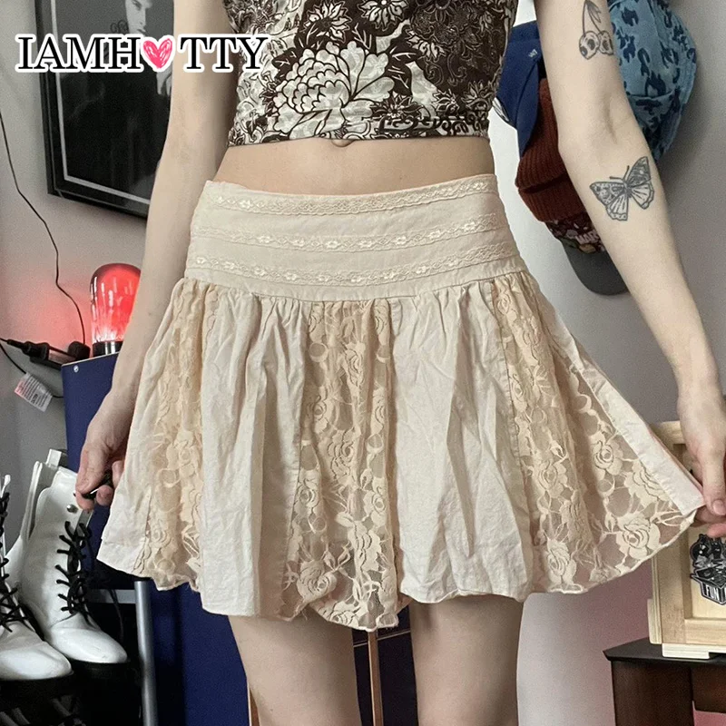 

IAMHOTTY Lace Patchwork A-line Pleated Mini Skirt Fairycore Aesthetic Folds Waist Slim Short Skirts Y2K Kawaii Lolita Style New