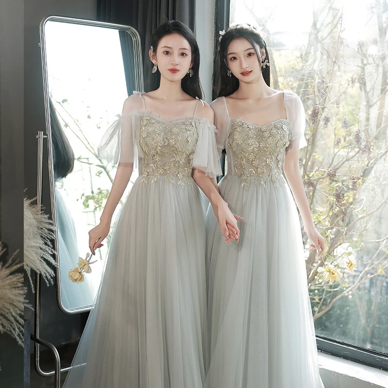 

Grey Appliques Off Shoulder Wedding Guest Dress Simple Short Sleeve Tulle Bridesmaid Dresses Women Banquet Prom Evening Gowns