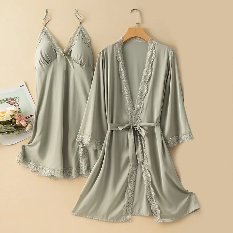 

Women Lace Satin Nightwear 2PCS Kimono Robe Set Patchwork Home Clothing Intimate Lingerie Sexy Sleepwear Bathrobe