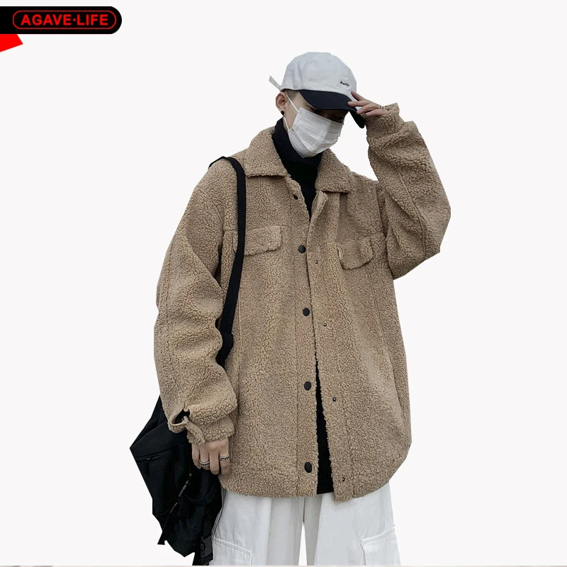 

Autumn Winter Lamb Velvet Jackets Men's Solid Color Lapel Cotton Coat Korean Men Loose Casual Thick Warm Woolen Cotton Outwears