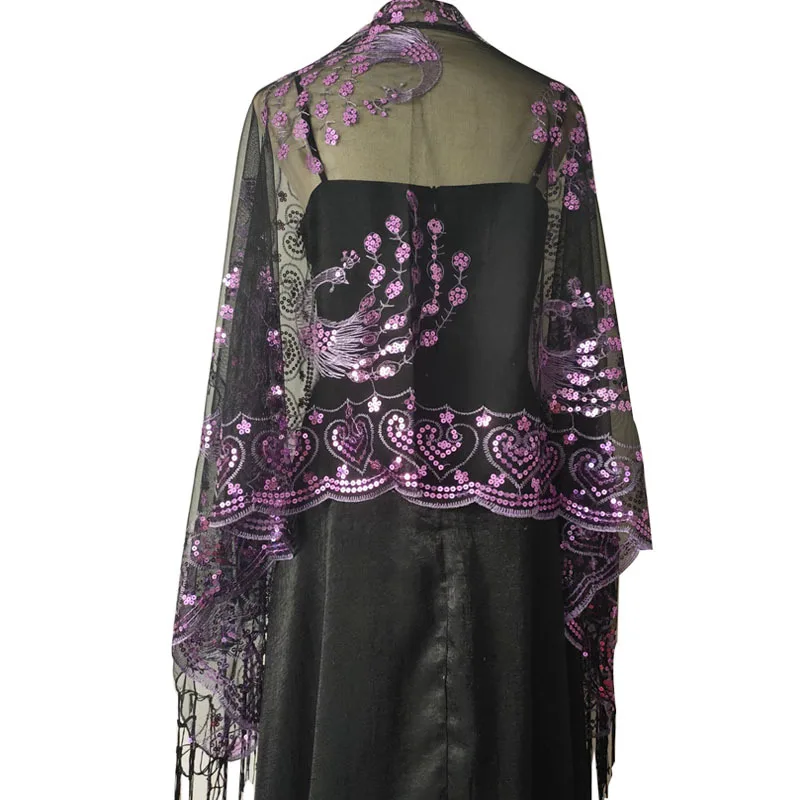 Spring Autumn Sequin Shawl Peacock Embroidery Tassel Shawl Party Evening Dress Shawl Cloak Ponchos Capes Purple 
Spring Autumn Sequin Shawl Peacock Embroidery Tassel Shawl Party Evening Dress Shawl Cloak Ponchos Capes Purple