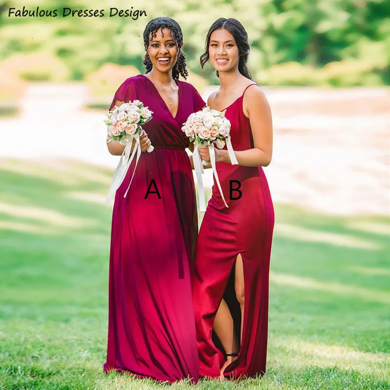 

Burgundy Chiffon A-line Bridesmaid Dresses Cap Sleeve V-neck Long Wedding Party Dress For African Nigerian Women Maid Of Honor