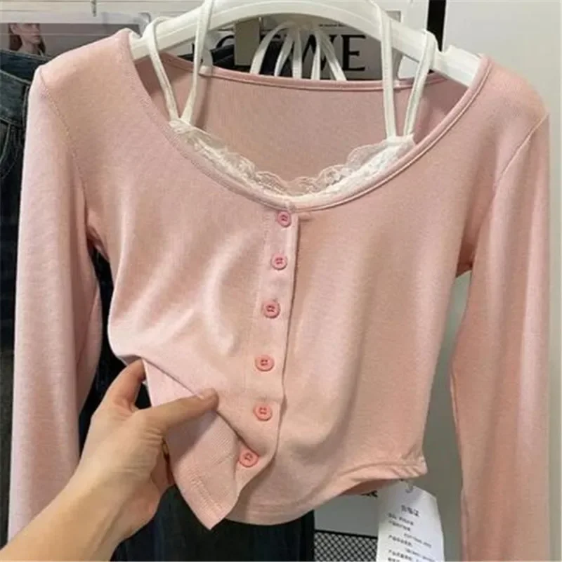

Pink T-shirts Women Slim Sweet College Fashion Korean Spring Soft Leisure Cropped Spliced Designed 2023 New Arrival Daily Casual