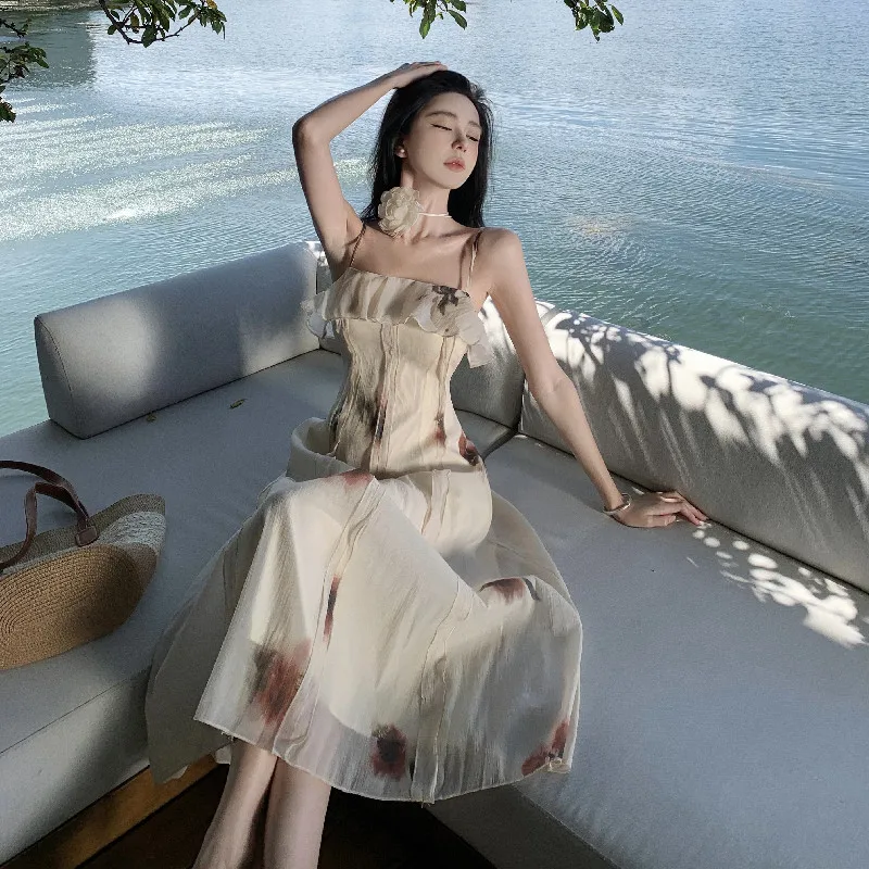 

Элегантное платье миди с оборками и принтом для женщин, Новинка лета 2024, модное женское платье в стиле бохо для пляжного отдыха, Повседневная шифоновая женская одежда на бретелях
