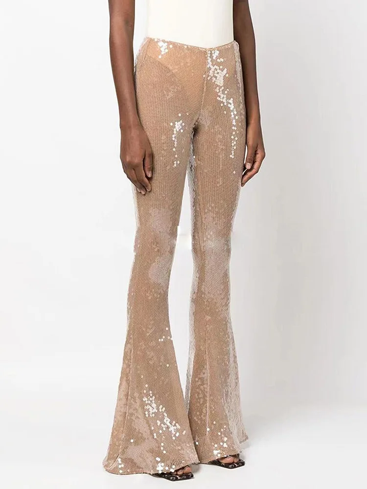 

Mesh Sequin Flared Pants 2023 See-Through Gauze Sheer Elastic Waist Slim Fit Glamorous Glitter Trousers Shimmering Skinny Pants