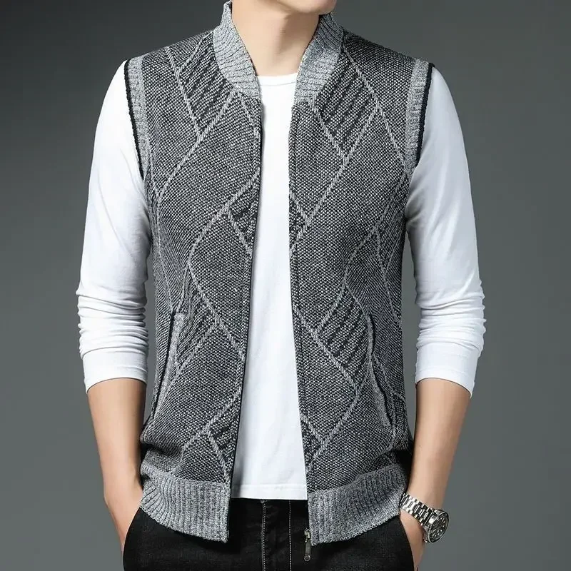 

Knit Sweater Male Zipper Waistcoat Men's Clothing Collared Vest Argyle Zip-up Sleeveless Coat Jacket Cardigan Striped Loose Fit