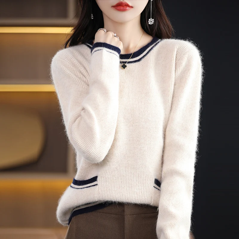 

Autumn Winter New Round Neck Mink Cashmere Sweater Women's Pullover Long Sleeve Color Matching Short Wool Knit Bottoming Sweater