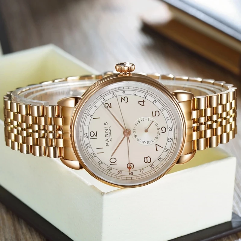42mm PARNIS ST1690 Automatic Self-Wind Mechanical Movement PVD Rose Gold Case GMT Multifunction Auto Date Pilot Men's Watches
42mm PARNIS ST1690 Automatic Self-Wind Mechanical Movement PVD Rose Gold Case GMT Multifunction Auto Date Pilot Men's Watches