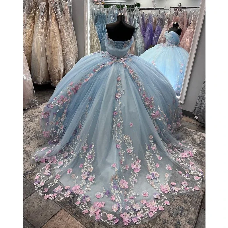 Sky Light Blue Princess Quinceanera Dresses Pink 3D Handmade Flowers Floral Appliques Lace Ball Gown Vestidos De XV Anos
Sky Light Blue Princess Quinceanera Dresses Pink 3D Handmade Flowers Floral Appliques Lace Ball Gown Vestidos De XV Anos