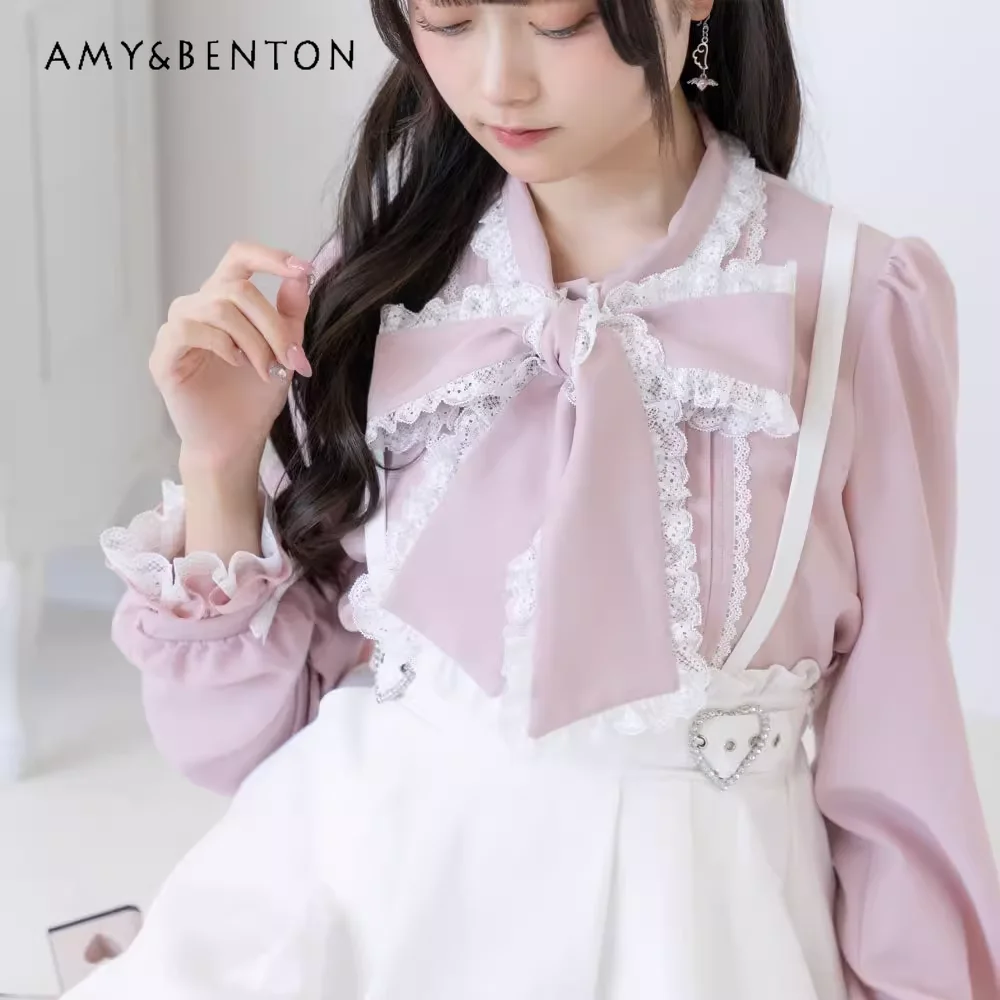 

Japanese Mine Series Mass-Produced Sweet Blouse Women Spring Summer Sweet Lace Stitching Big Bow Lolita Shirt Kawaii Pink Shirts