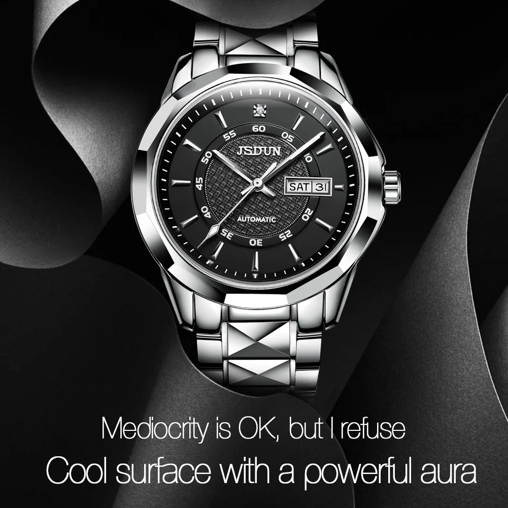 JSDUN-Montre mécanique automatique pour homme avec bande en acier au tungstène, montre-bracelet originale pour homme, semaine du calendrier, mode simplicité 2