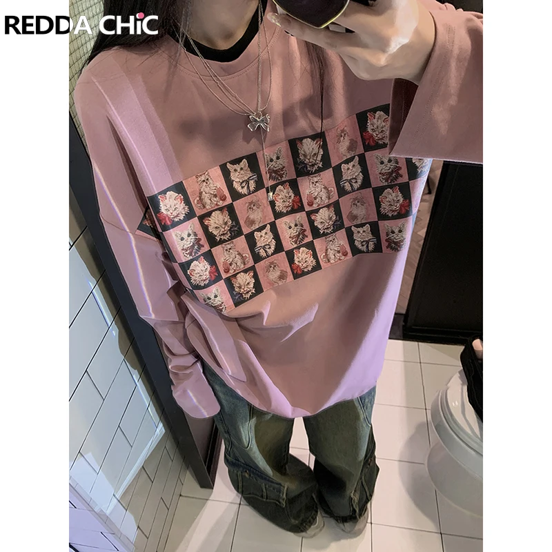 ReddaChic Cute Cat Print Long Sleeves Top for Women Pink Patchwork Vintage Autumn Casual T-Shirt Pullover Y2k 90s Streetwear
ReddaChic Cute Cat Print Long Sleeves Top for Women Pink Patchwork Vintage Autumn Casual T-Shirt Pullover Y2k 90s Streetwear