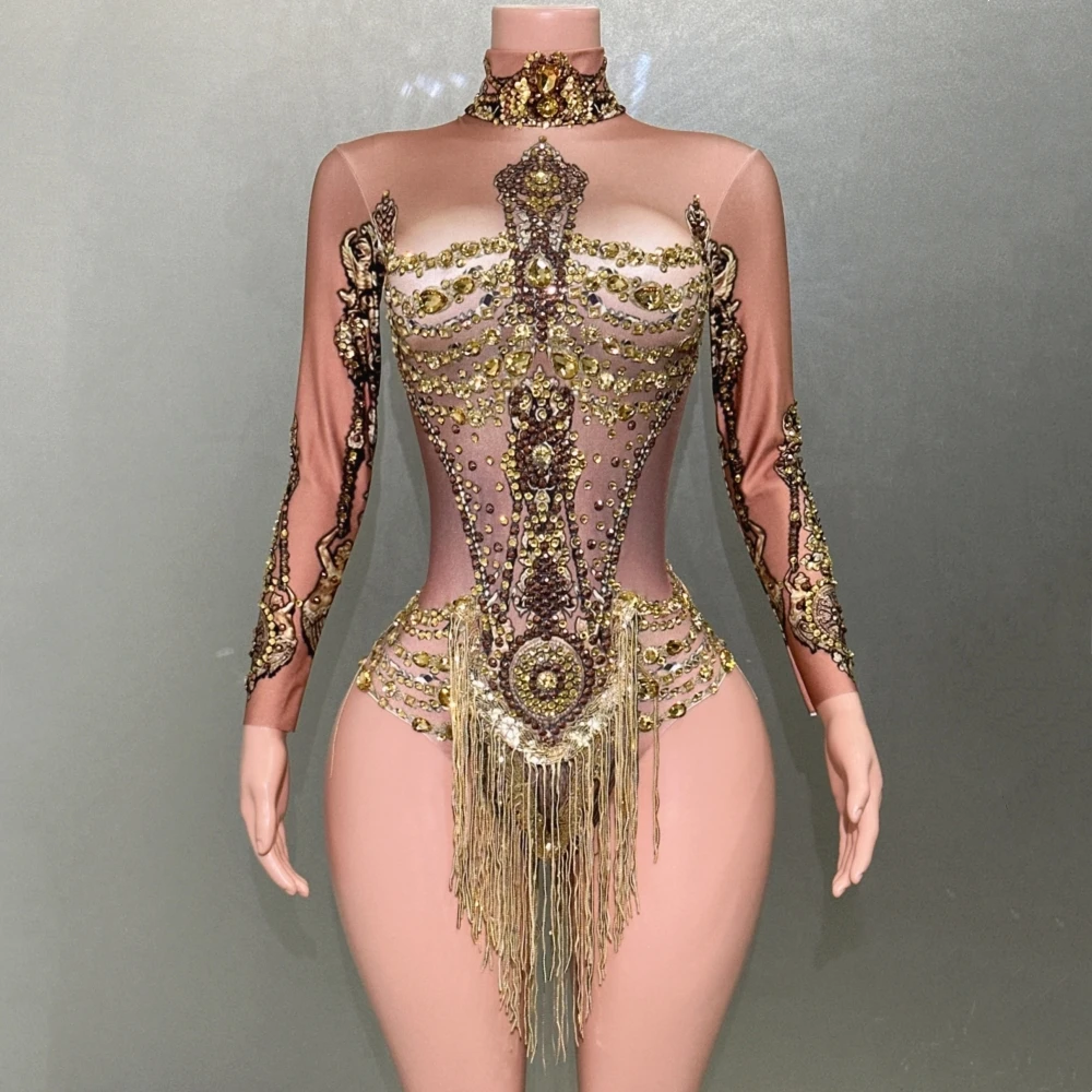 

Golden Diamonds Suquins Kakhi Color Sexy Mini Sheath Bodysuit Evening Party Celebrate Costume Dancer Prom Nightclub Stage Wear