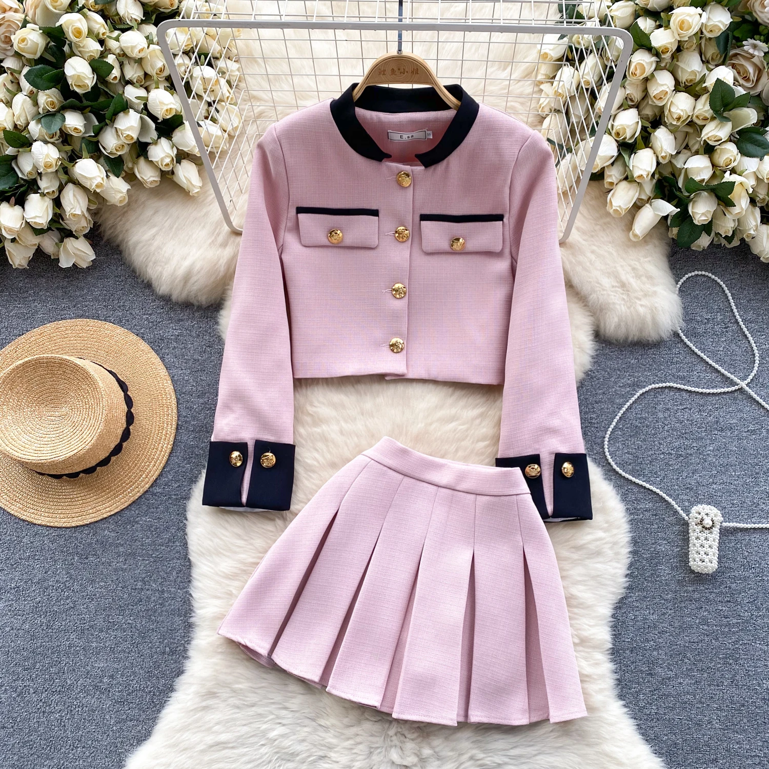 

Женский небольшой очаровательный стильный комплект, дизайнерский короткий пиджак с длинным рукавом + плиссированная мини-юбка, элегантные комплекты из двух предметов на весну