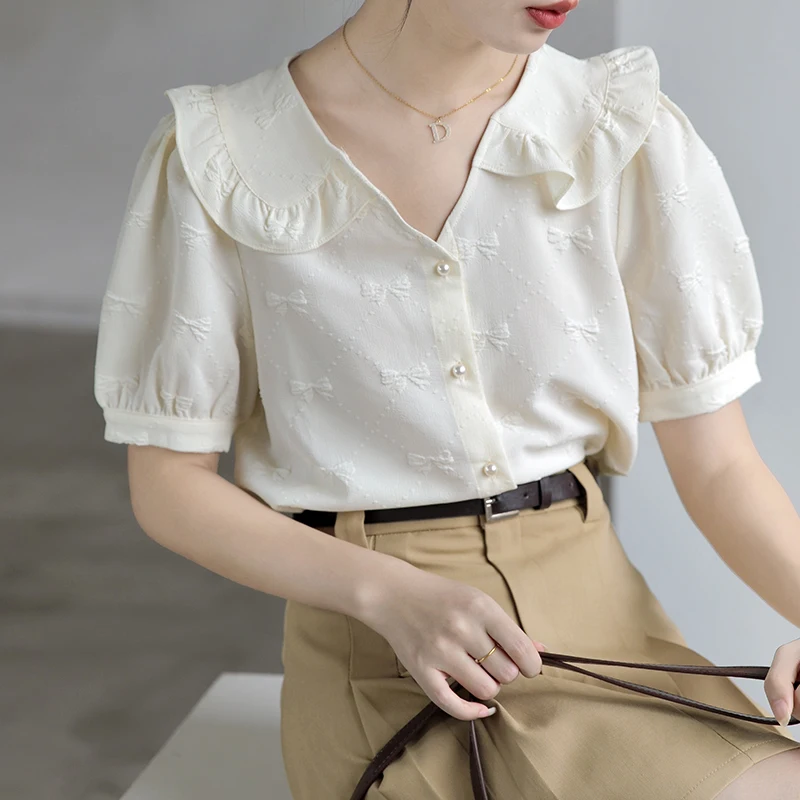 

QOERLIN Chiffon Blouse 2022 Summer Chic Short Sleeve Tops Shirts Single-Breasted V Neck Loose Bowtie Tops Apricot Blusas S-XXL