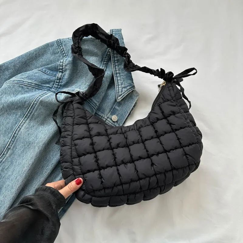 

Casual Ruched Quilted Women Shoulder Bags Designer Padded Lady Handbags Nylon Down Cotton Small Hobos Female Purses 2023
