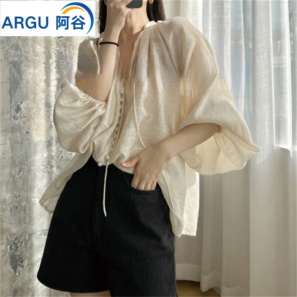 

Summer New Versatile Top Flower Blouse Women V-Neck Puff Sleeve Elegant Silk Linen Shirt Womens Clothing Fashion Korean Edition