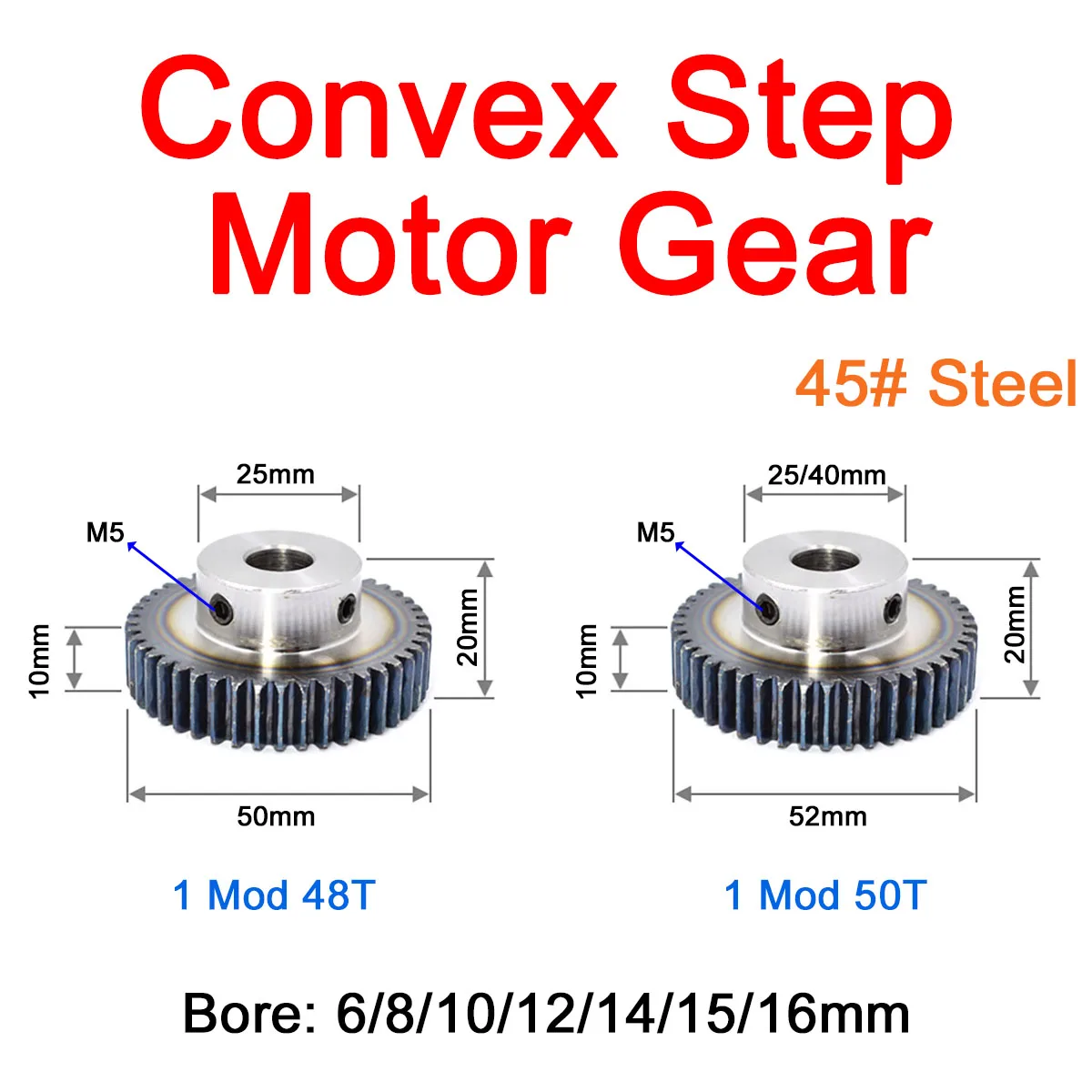 1Pc 1Mod 48 Tooth/1Mod 50 Tooth Convex Step Motor Gear Spur Gear Carbon Steel Bore 6/8/10/12/14/15/16mm Top Thread M5
1Pc 1Mod 48 Tooth/1Mod 50 Tooth Convex Step Motor Gear Spur Gear Carbon Steel Bore 6/8/10/12/14/15/16mm Top Thread M5