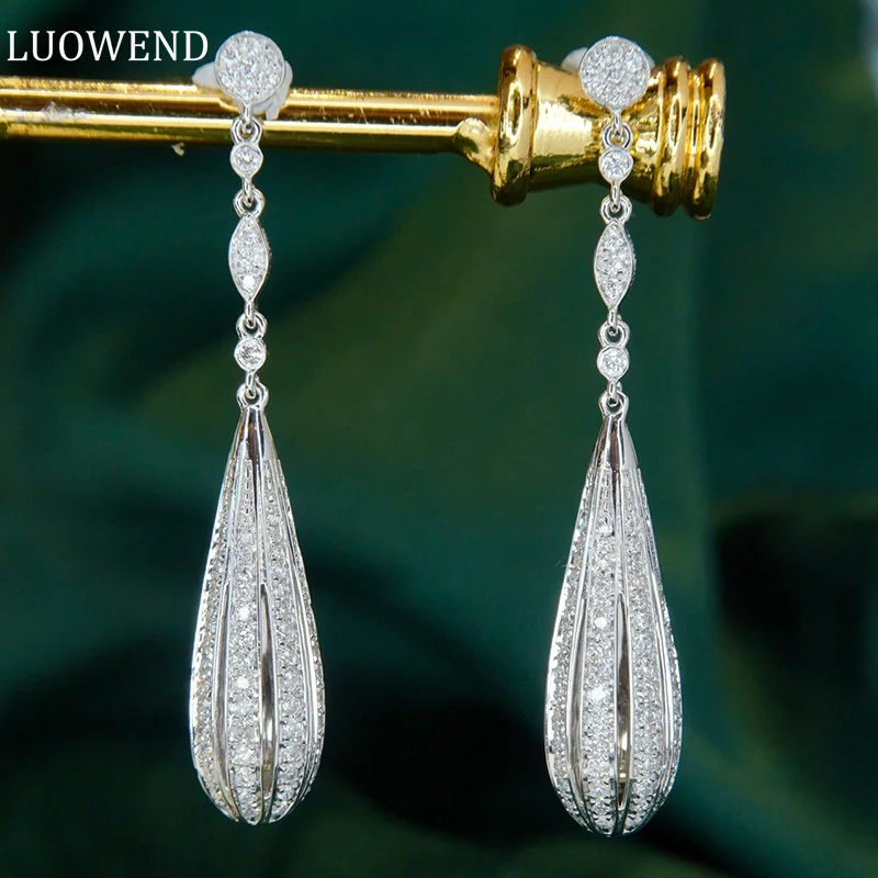 

LUOWEND 18K White Gold Earrings Vintage Elegant Style 0.80carat Real Natural Diamond Drop Earrings for Women High Party Jewelry