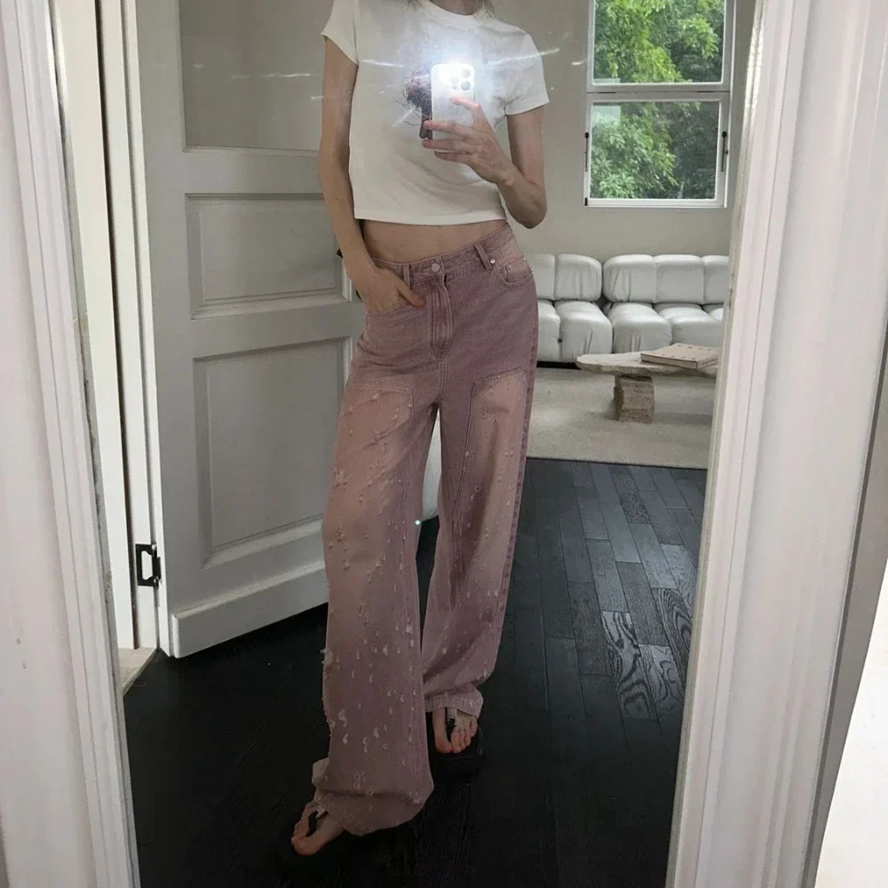 

Pink Womens Jeans Straight Leg High Waist Shot Trousers Pants for Women with Pockets Medium Wash Cool Spring 90s Aesthetic Wide