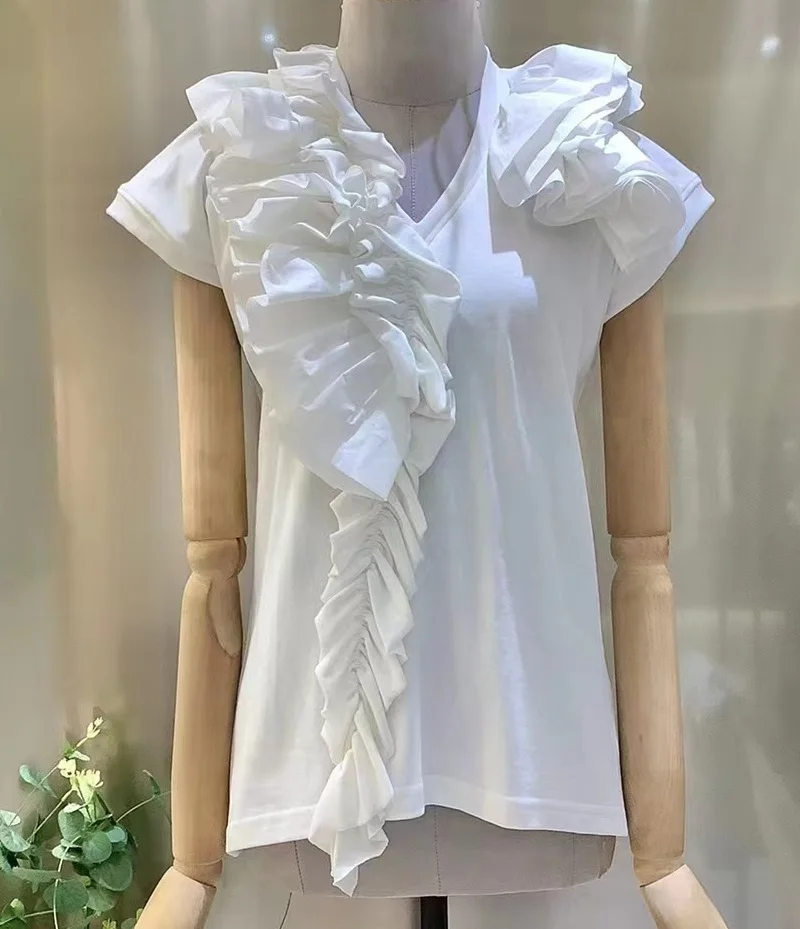New 2023 Summer Fashion Tops & Tees High Quality Ladies V-Neck Ruffle Floral Deco Short Sleeve Casual White Black T-Shirt Wear
New 2023 Summer Fashion Tops & Tees High Quality Ladies V-Neck Ruffle Floral Deco Short Sleeve Casual White Black T-Shirt Wear