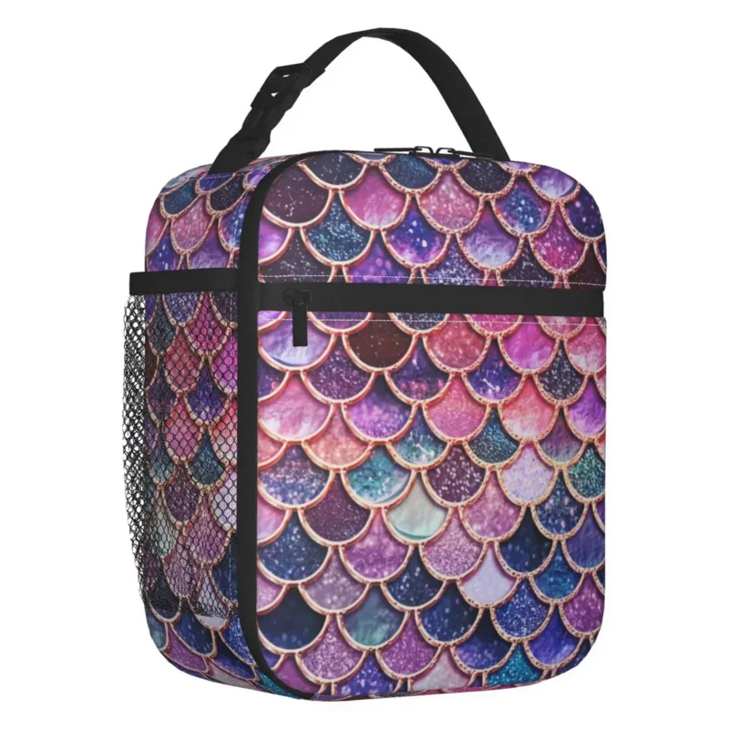 

Custom Glitter Mermaid Scales Print Lunch Bag Women Thermal Cooler Insulated Lunch Box for Children School