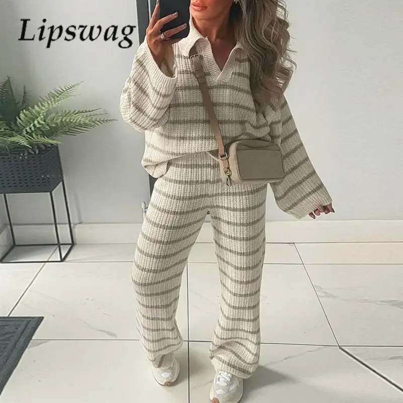 Fashion Ladies Loose Stripe Set 2024 Casual Lapel Hollow Pullover And Trousers Set Autumn Winter Knitted Commuter Two-Piece Set
Fashion Ladies Loose Stripe Set 2024 Casual Lapel Hollow Pullover And Trousers Set Autumn Winter Knitted Commuter Two-Piece Set