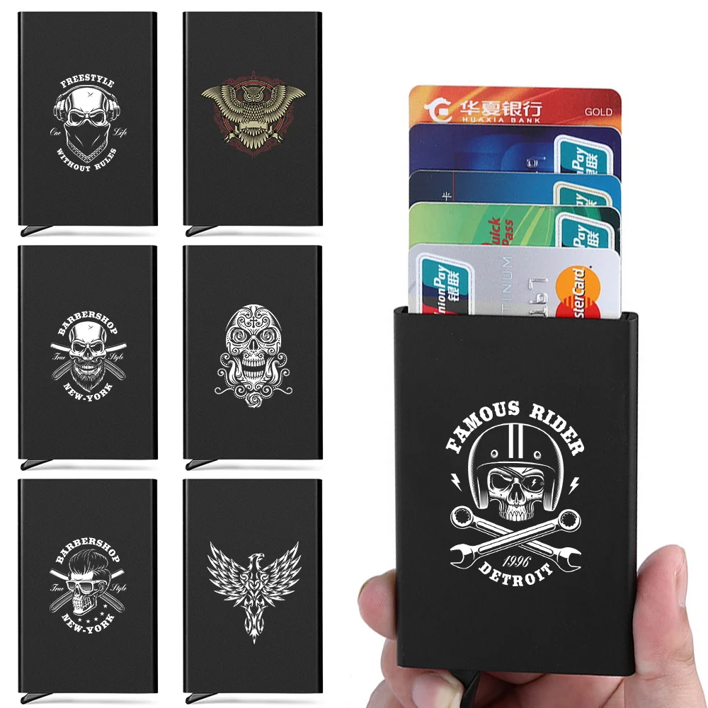 

Slim Aluminum Wallet with Elasticity Back Pouch ID Credit Card Holder RFID Wallet Automatic Pop Up Bank Card Case Skull Print